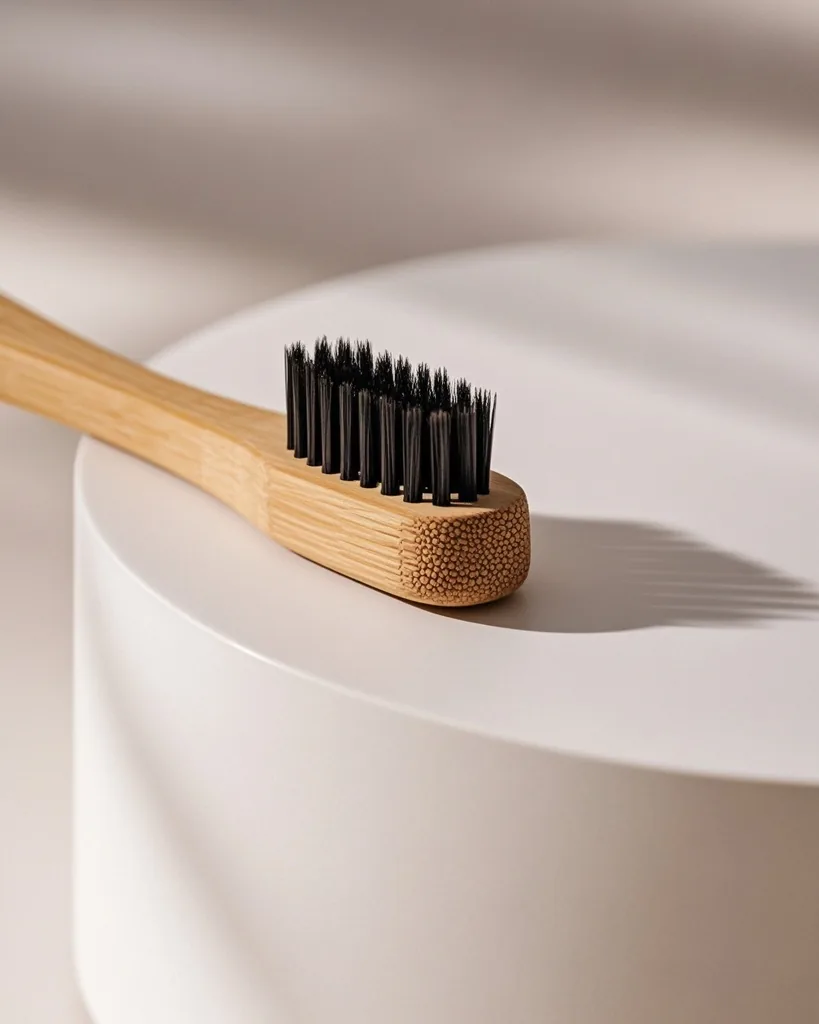 Cepillo de dientes de bambú sobre un pedestal blanco.